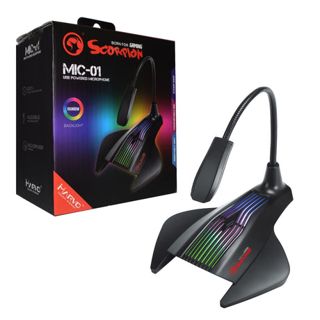 Marvo Scorpion MIC-01 RGB Gaming Microphone, USB Powered For PC or Laptop, Cool RGB Rainbow Lighting, Flexible Mic Boom-Arm, Sturdy Base, Black